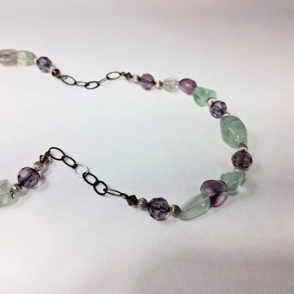 Fluorite Stone Beaded Necklace Purple Green Healing Clarity Balance Crystal
